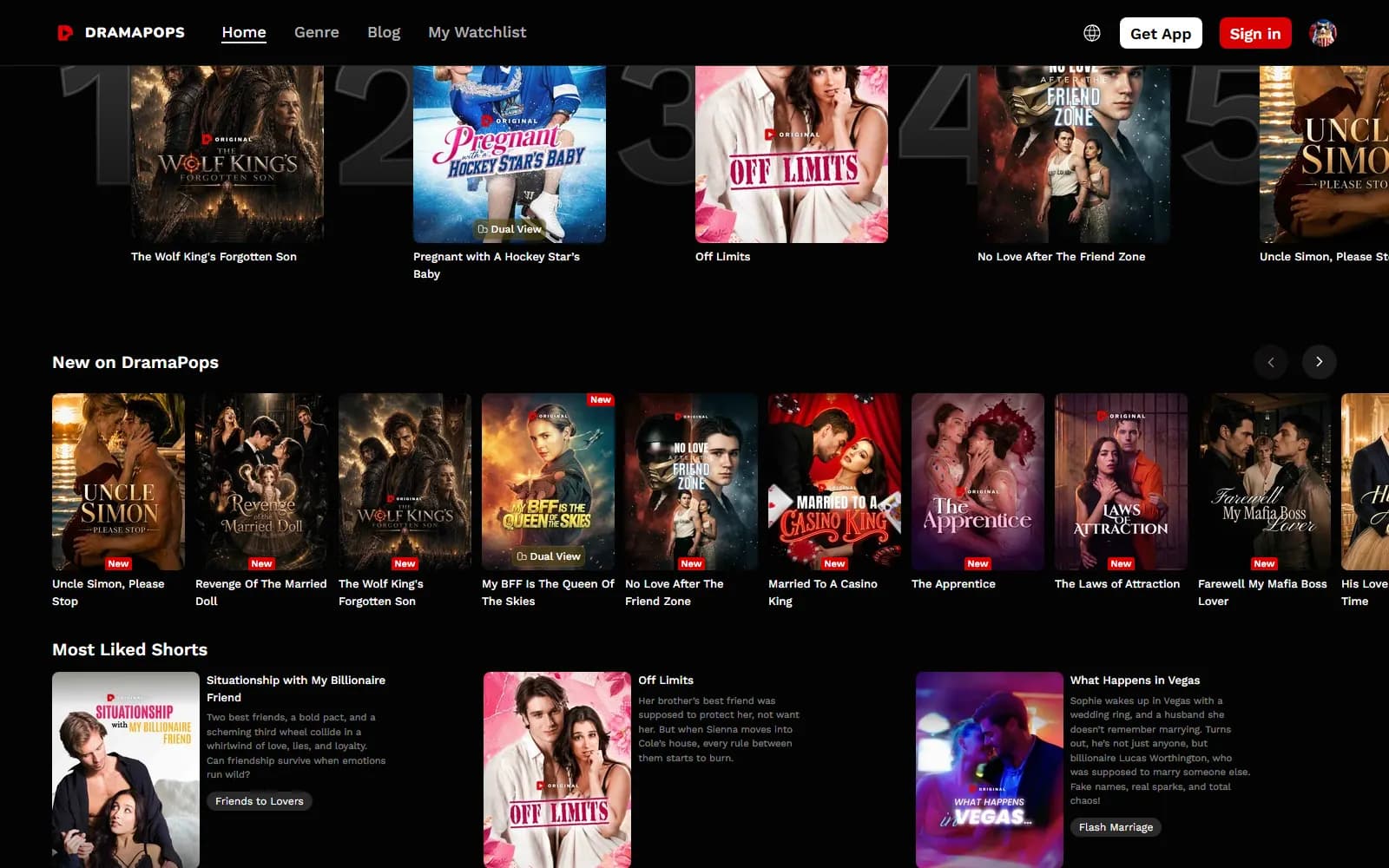 DramaPops homepage (dramapops.co) — Off Limits trending at #3, alongside The Wolf King's Forgotten Son, Pregnant with a Hockey Star's Baby, and the "New on DramaPops" row — screenshot from September 2026