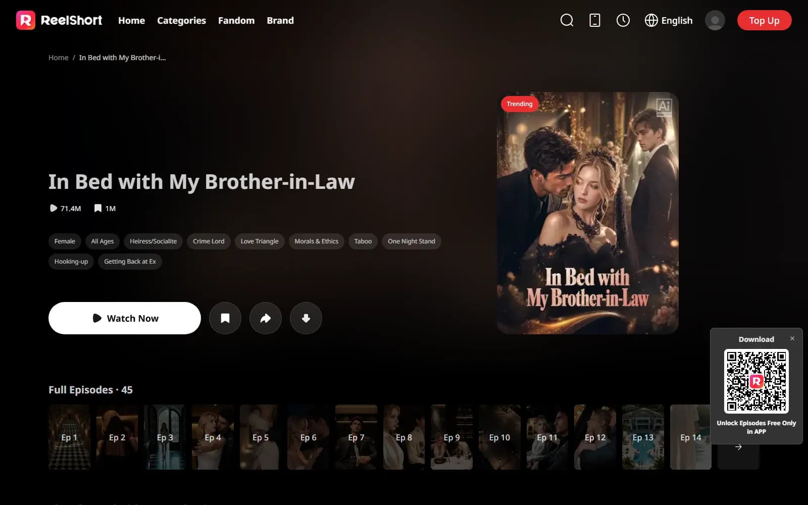 In Bed with My Brother-in-Law on ReelShort (reelshort.com) — AI badge, Trending label, 71.4M views, 1M bookmarks, 45 episodes with first 15 free — screenshot from September 2026
