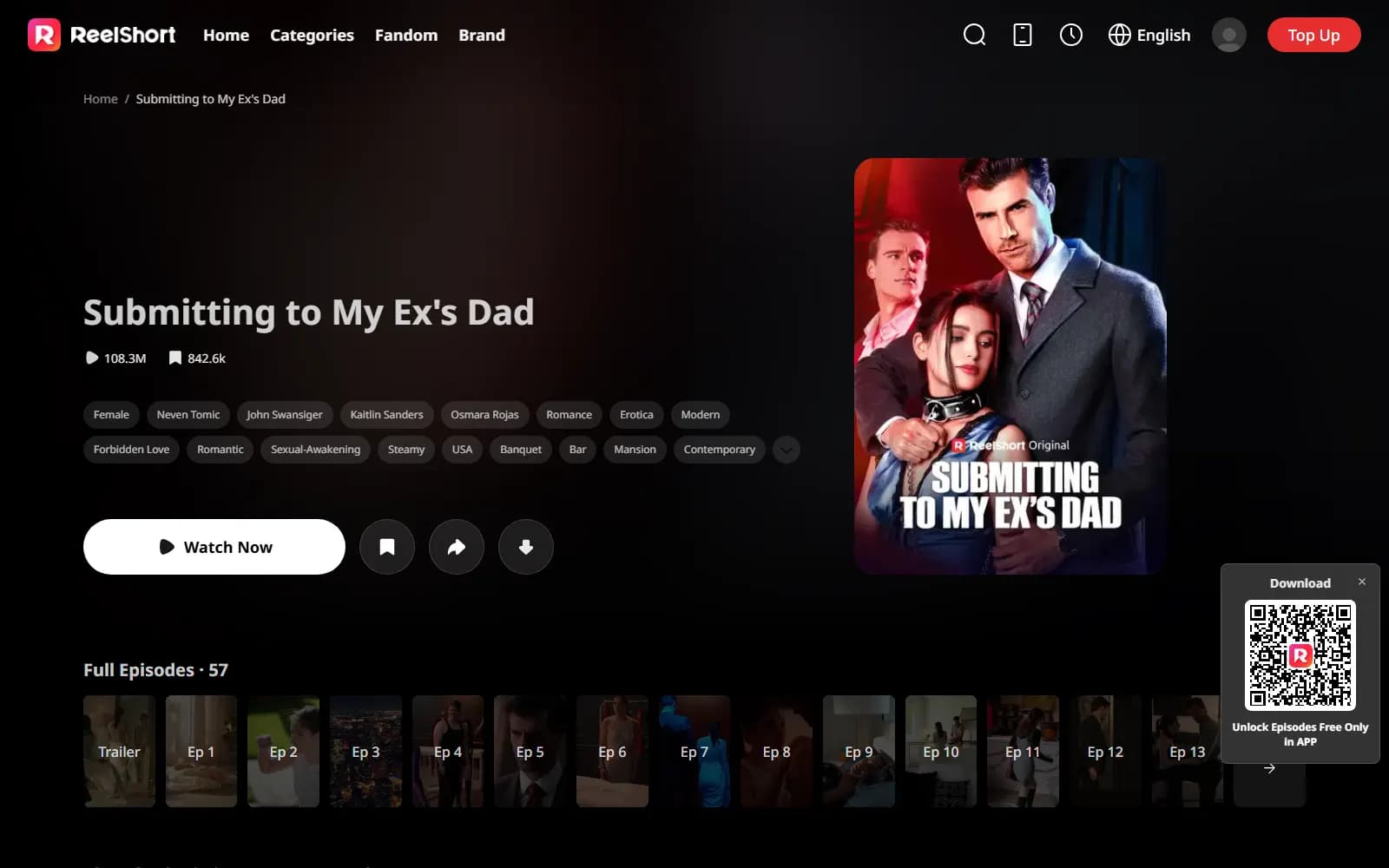 Submitting to My Ex's Dad on ReelShort (reelshort.com) — 108.3M views, Erotica and Sexual-Awakening tags, 57 episodes with the first 12 free — screenshot from September 2026