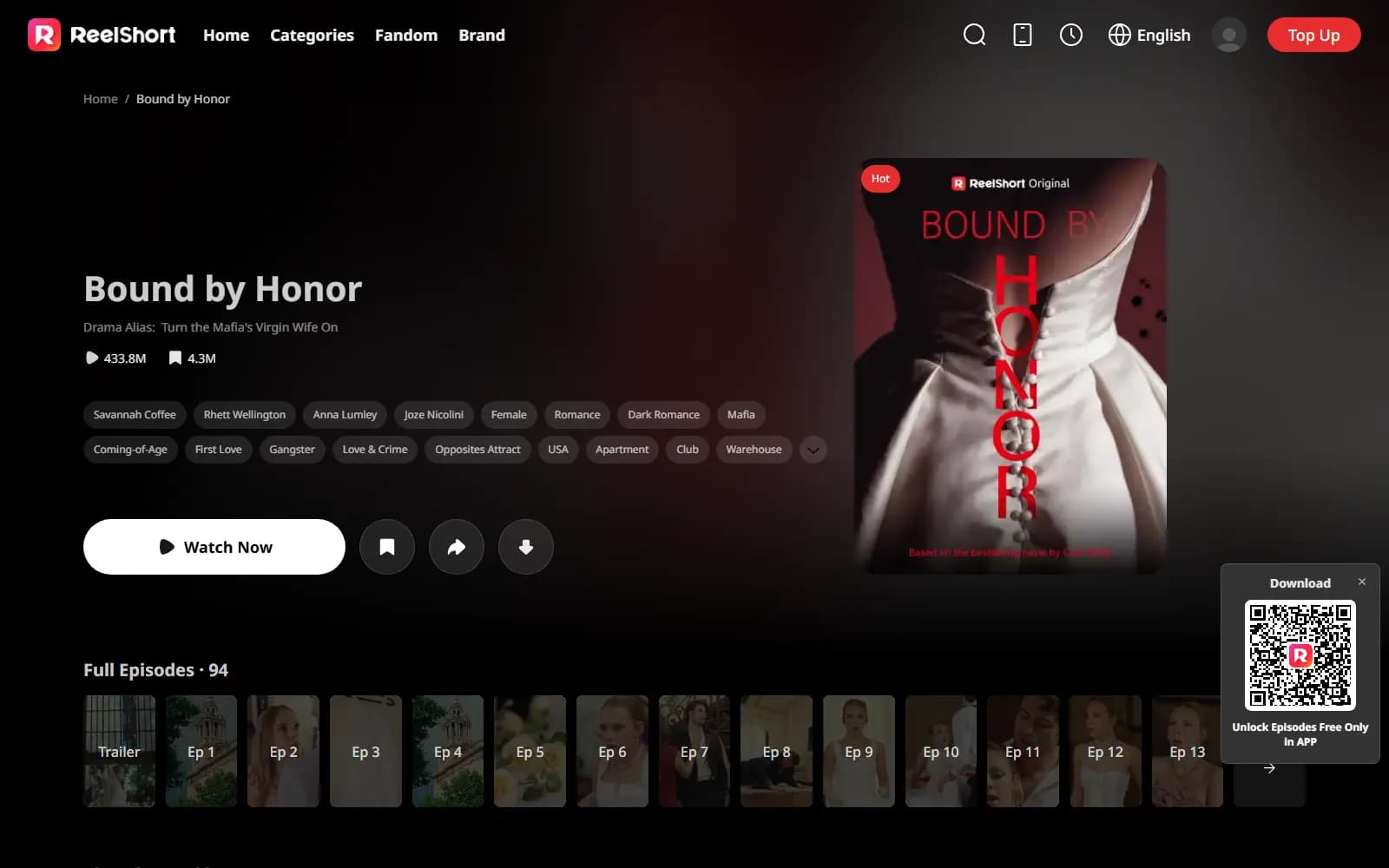 Bound by Honor official page on ReelShort (reelshort.com), with its ad alias listed under the title — screenshot from September 2026