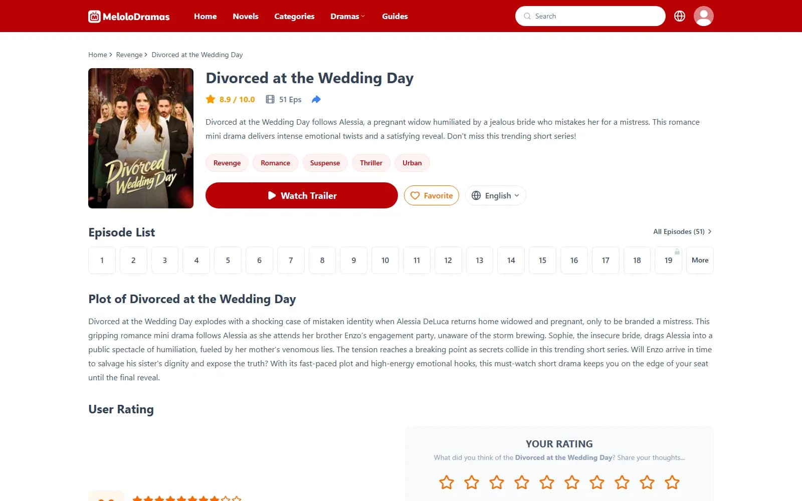 Divorced at the Wedding Day on Melolo (melolo.com), rated 8.9 with all 51 episodes listed — screenshot from September 2026
