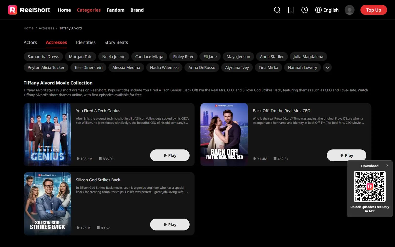 Tiffany Alvord's actor page on ReelShort (reelshort.com), showing her three ReelShort titles including You Fired A Tech Genius at 108.5 million views — screenshot from September 2026