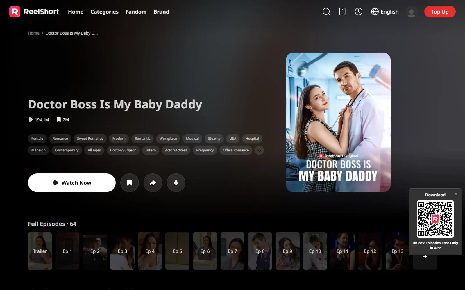 Doctor Boss Is My Baby Daddy official page on ReelShort (reelshort.com) — screenshot from September 2026
