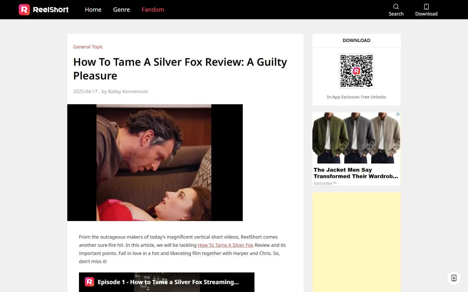"How To Tame A Silver Fox Review: A Guilty Pleasure" — ReelShort reviewing its own show on its own fandom pages (reelshort.com/fandom) — screenshot from September 2026