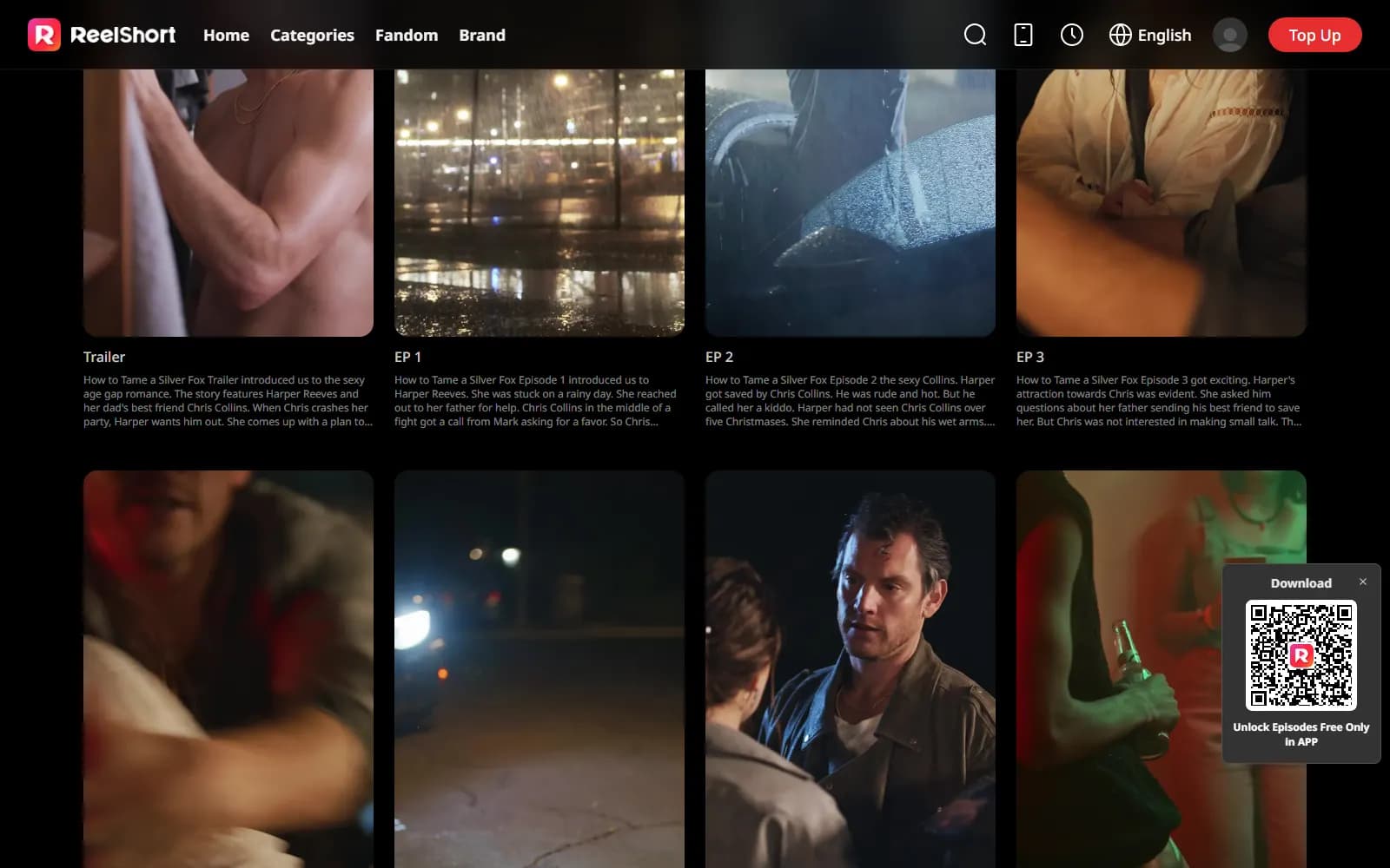 The early episode list on ReelShort's web player — the trailer plus per-episode synopses covering Chris's arrival and "Operation Seduction" — screenshot from September 2026