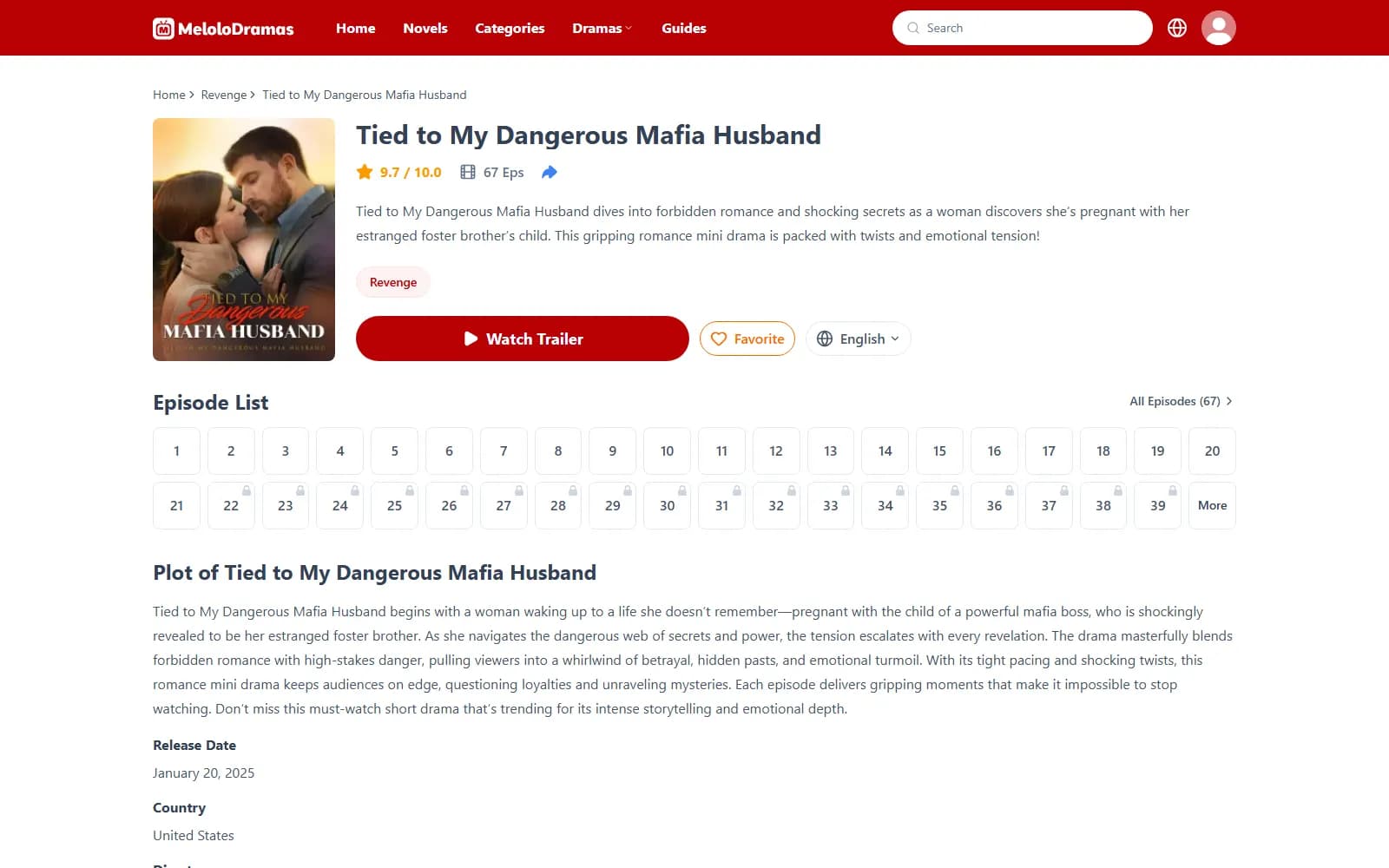 Tied to My Dangerous Mafia Husband on Melolo (melolo.com) — episodes 1–21 unlocked, lock icons from episode 22 — screenshot from September 2026