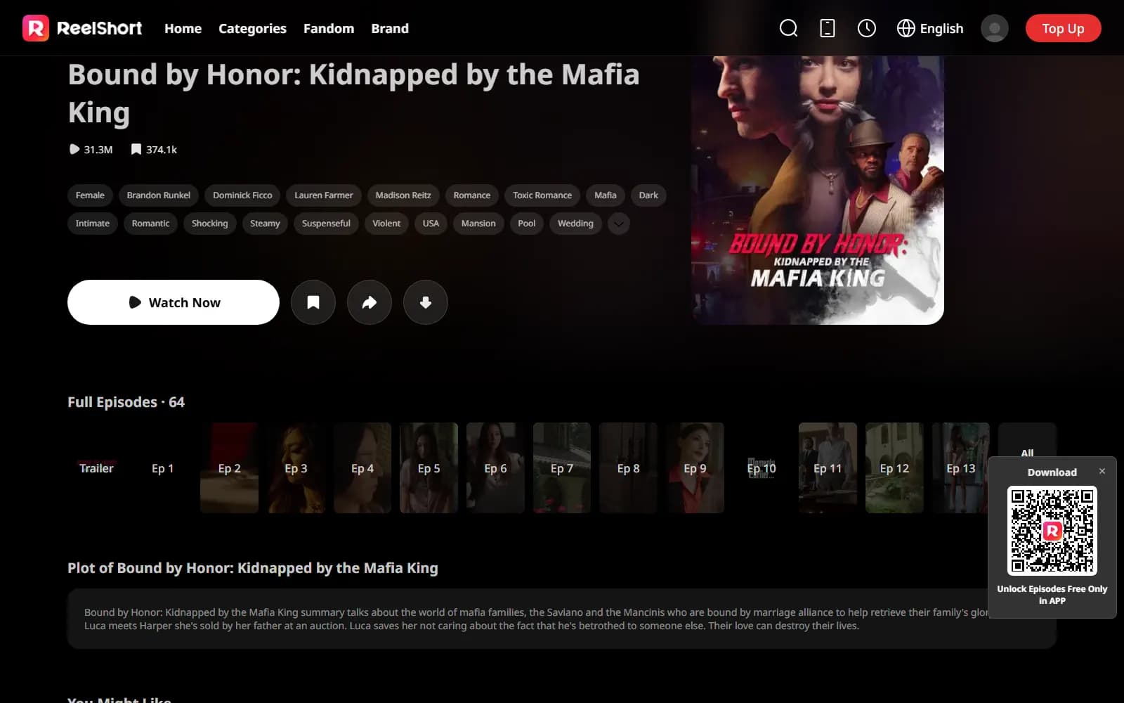 Bound by Honor: Kidnapped by the Mafia King on ReelShort (reelshort.com) — the episode strip with no lock icons in sight — screenshot from September 2026