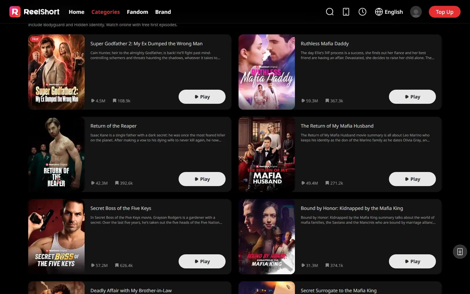ReelShort's Crime Lord catalog (reelshort.com) — Ruthless Mafia Daddy, The Return of My Mafia Husband, and Bound by Honor with their official view counts — screenshot from September 2026