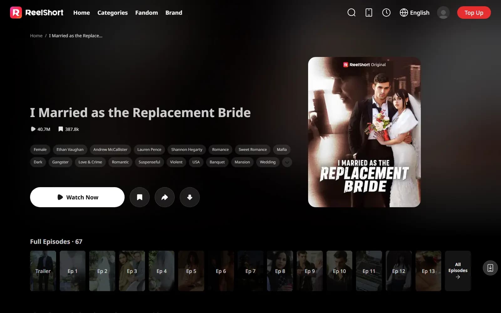 I Married as the Replacement Bride official page on ReelShort (reelshort.com) — screenshot from September 2026