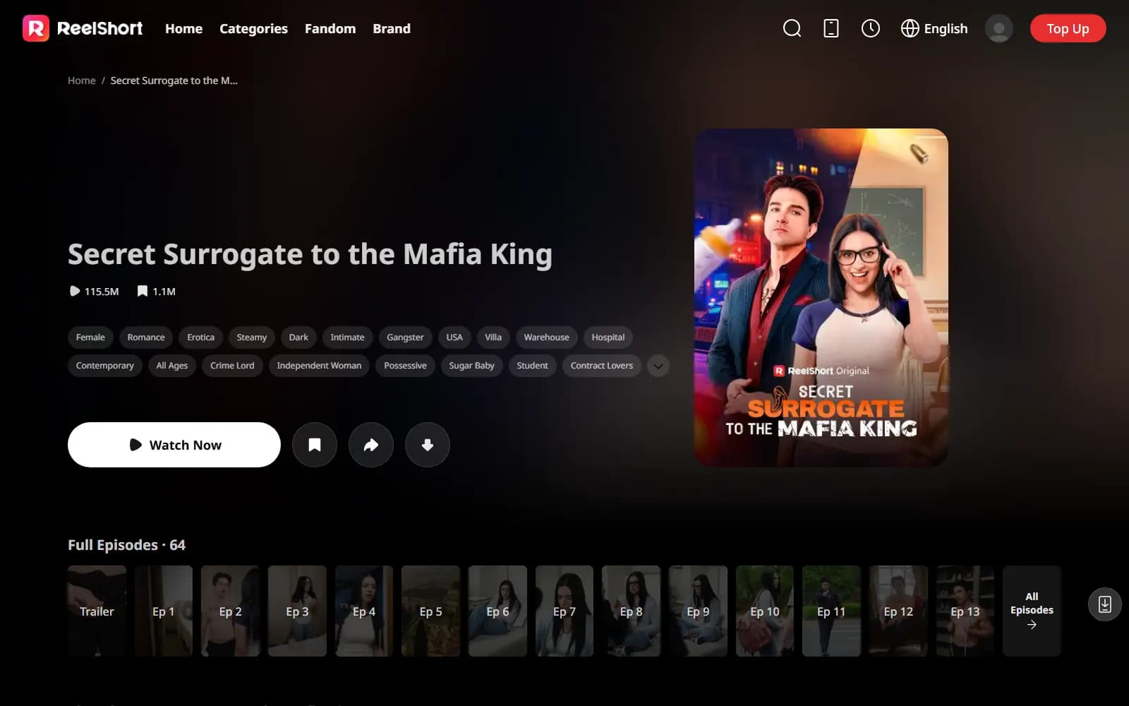 Secret Surrogate to the Mafia King official page on ReelShort (reelshort.com) — 115.5M views, tagged Erotica — screenshot from September 2026