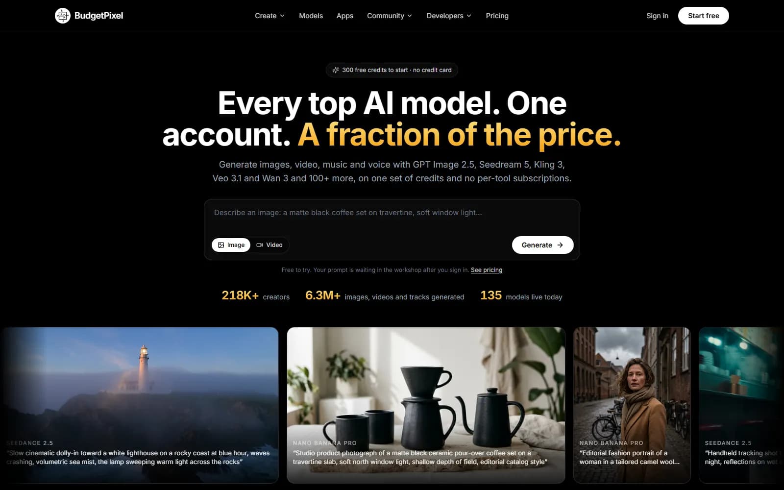 BudgetPixel homepage (budgetpixel.com), showing "Every top AI model. One account." with 300 free credits to start and Wan 3 named in the model list — screenshot from September 2026