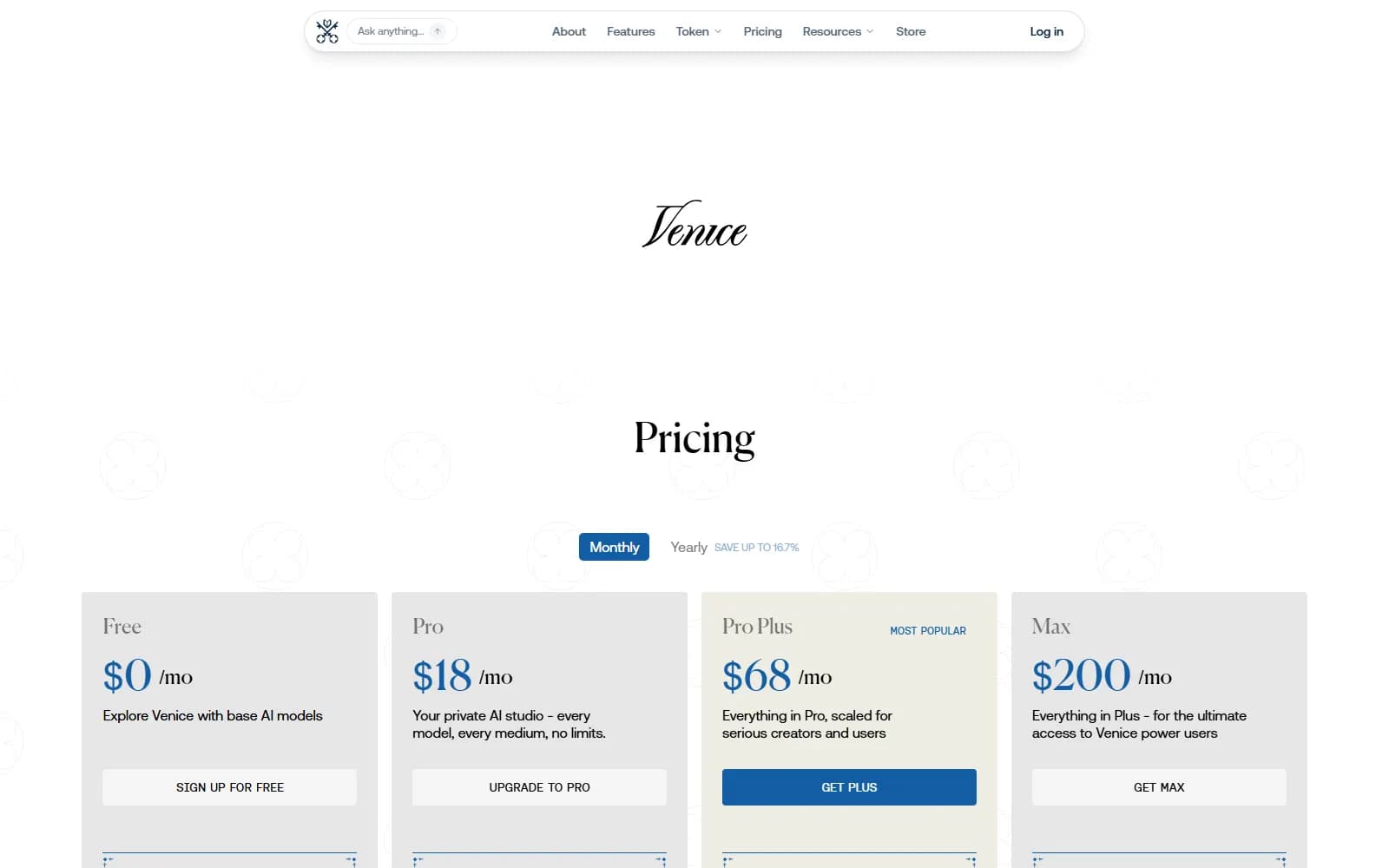 Venice pricing page (venice.ai), showing Free, Pro at $18/mo, Pro Plus at $68/mo and Max at $200/mo — screenshot from September 2026