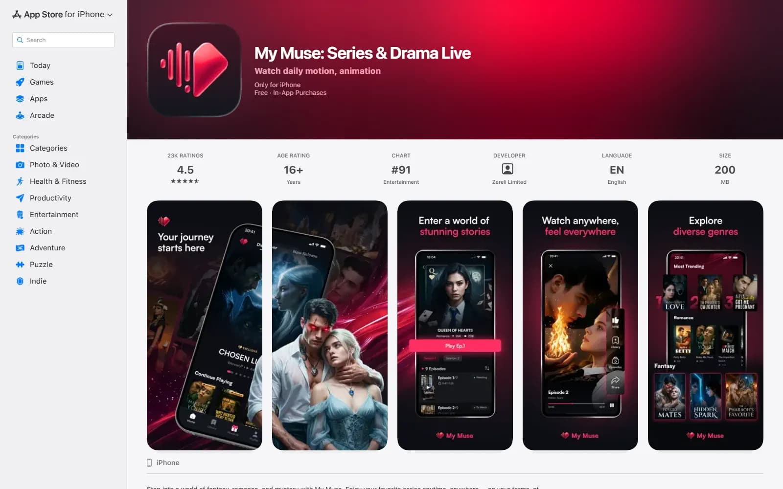 My Muse's App Store listing (apps.apple.com) — Holywater's AI vertical drama app rated 16+ — screenshot from September 2026