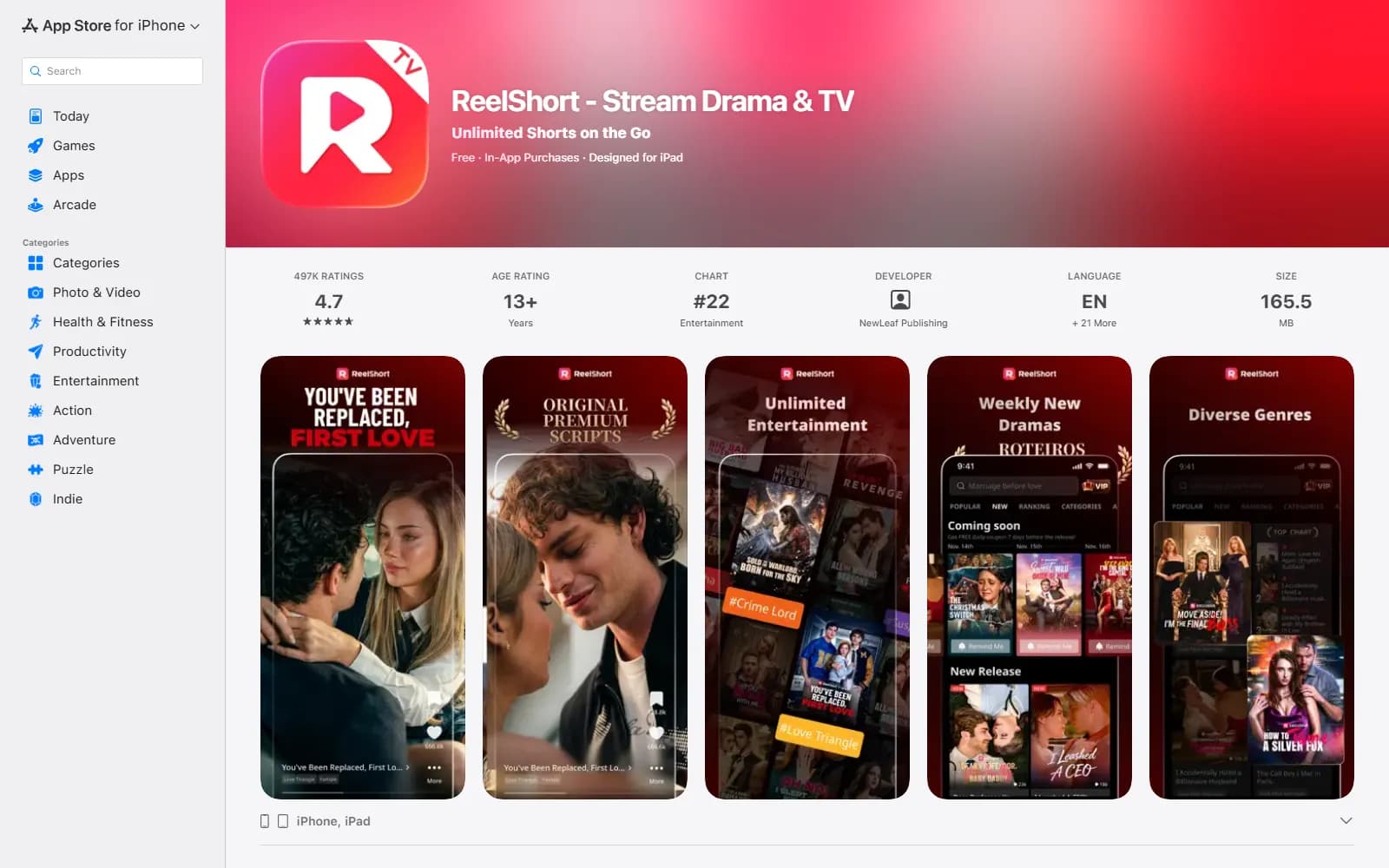 ReelShort's App Store listing (apps.apple.com) — Age Rating 13+ beside 497K ratings and the #22 Entertainment chart spot — screenshot from September 2026