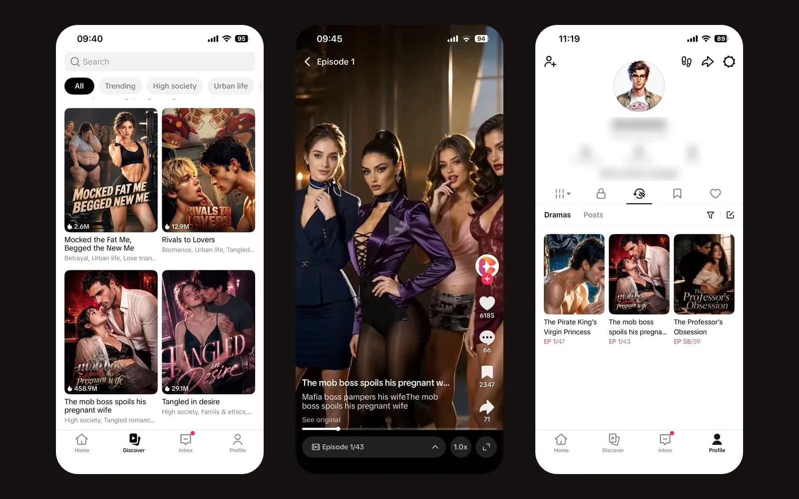 PineDrama iOS app in the US: the Discover tab, the episode player, and a watch history showing episode 58 of 59 — screenshot from October 2026