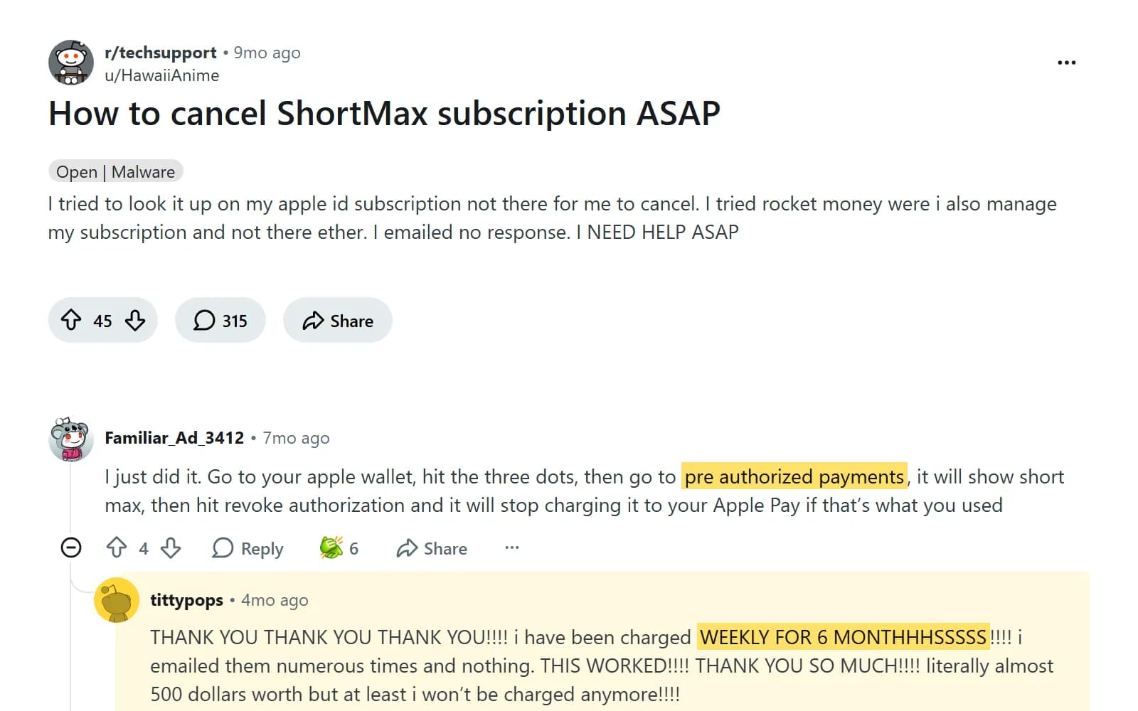 The r/techsupport thread "How to cancel ShortMax subscription ASAP": a reply pointing to Apple Wallet's pre-authorized payments, and a user charged weekly for six months saying it worked (reddit.com) — screenshot from October 2026