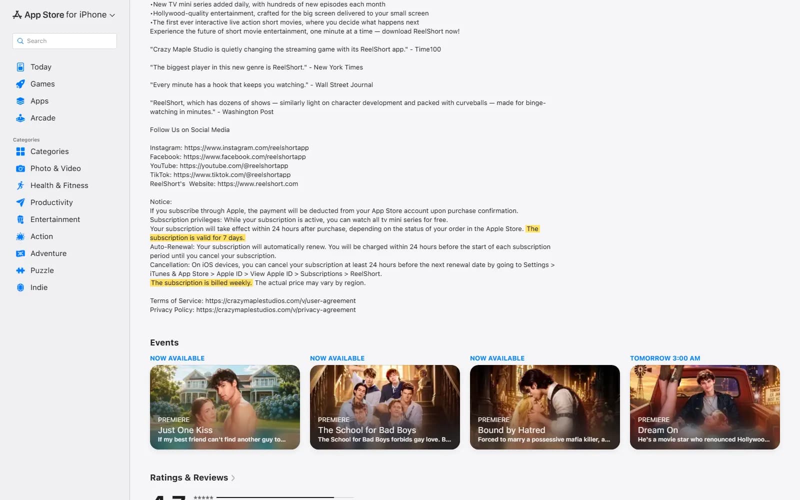 ReelShort's App Store description, highlighted: "The subscription is valid for 7 days" and "The subscription is billed weekly" (apps.apple.com) — screenshot from October 2026
