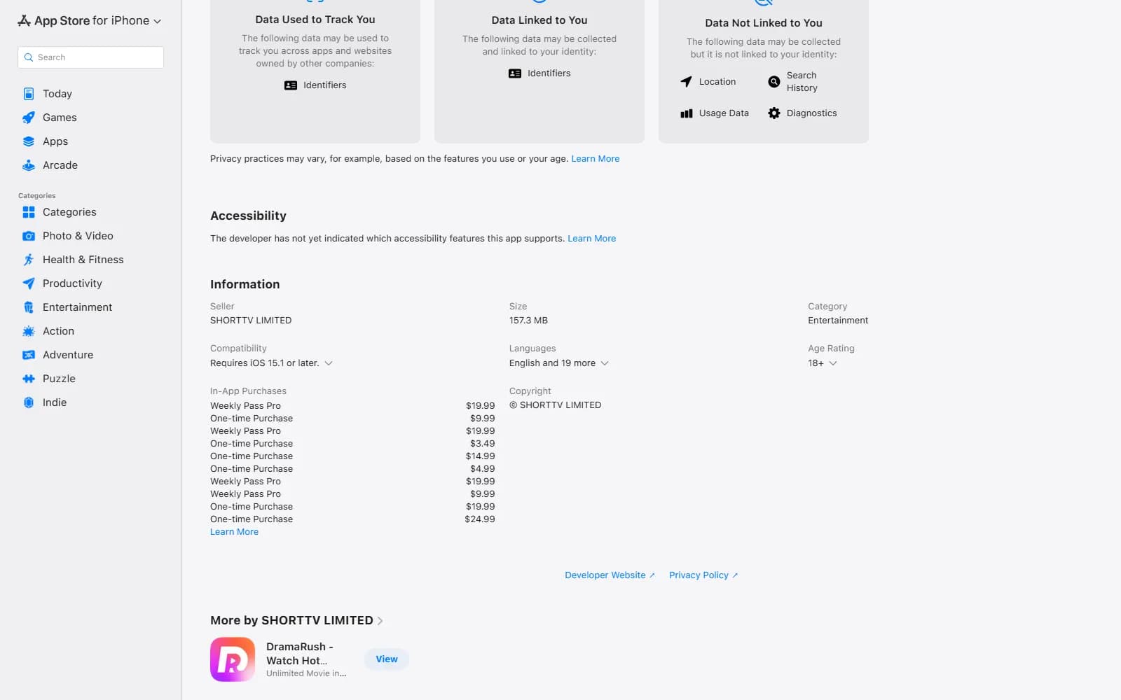 ShortMax in-app purchase list on the App Store: "Weekly Pass Pro" at $19.99 three times and $9.99 once, plus six one-time purchases (apps.apple.com) — screenshot from October 2026