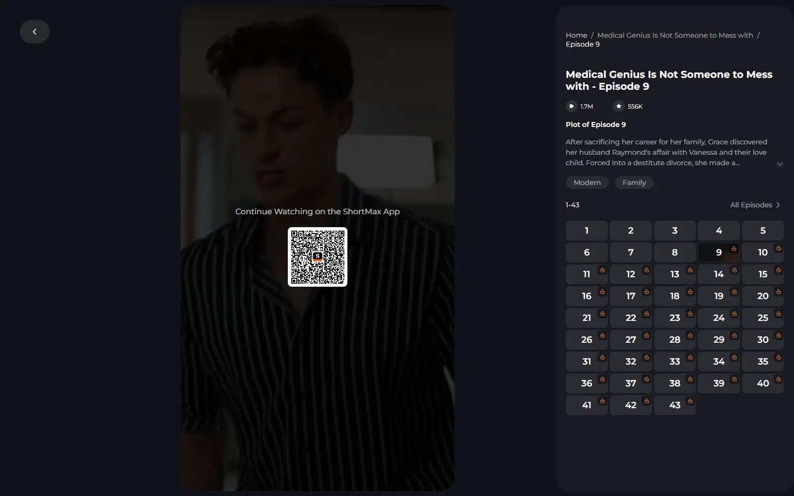 ShortMax website on episode 9 of Medical Genius Is Not Someone to Mess with: episodes 1 to 8 open, padlocks from episode 9 on, and a QR code instead of a price (shorttv.live) — screenshot from October 2026