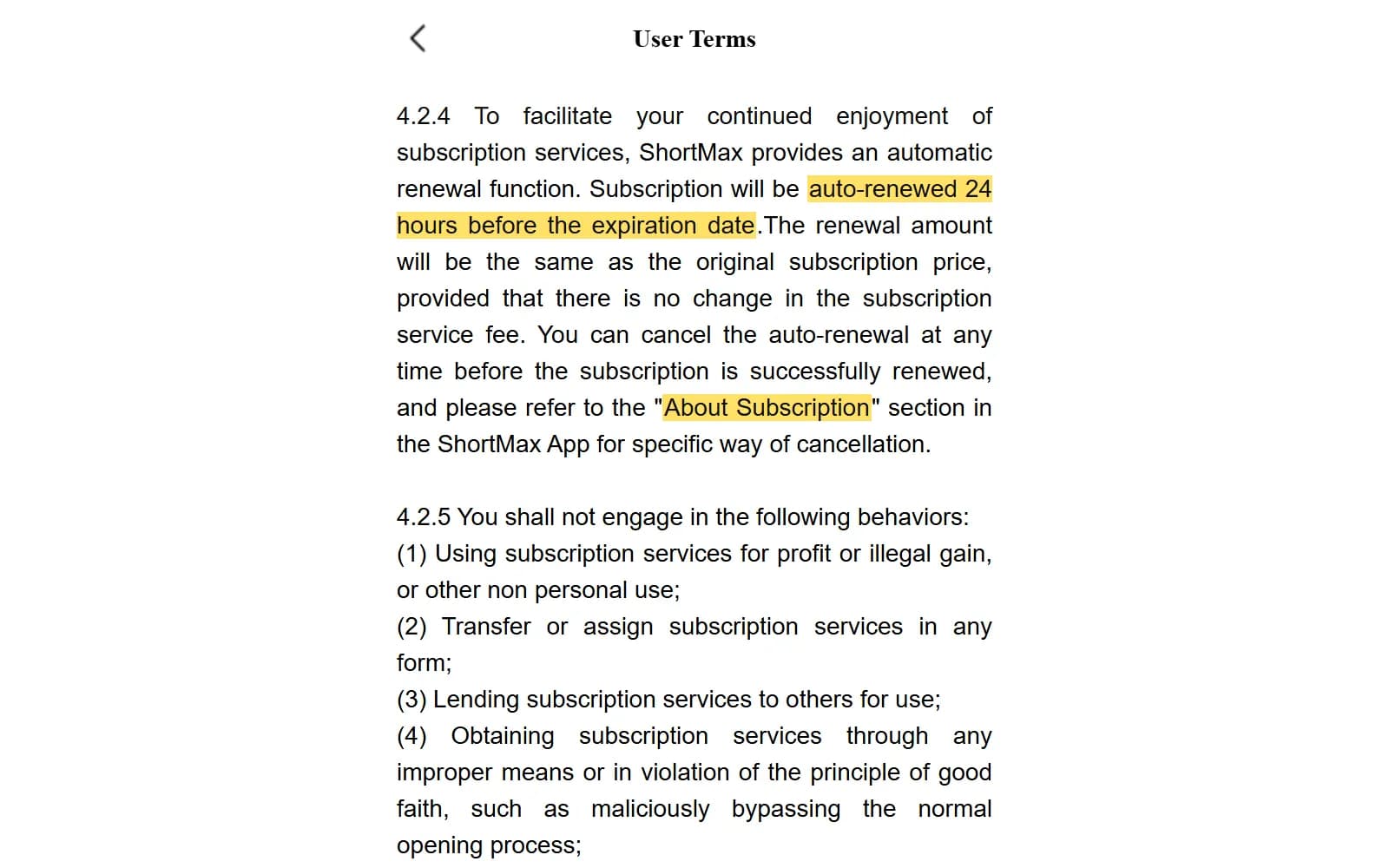 ShortMax's User Terms, highlighted: subscriptions are "auto-renewed 24 hours before the expiration date," and for cancelling, the terms send you to "About Subscription" in the app (shorttv.live) — screenshot from October 2026