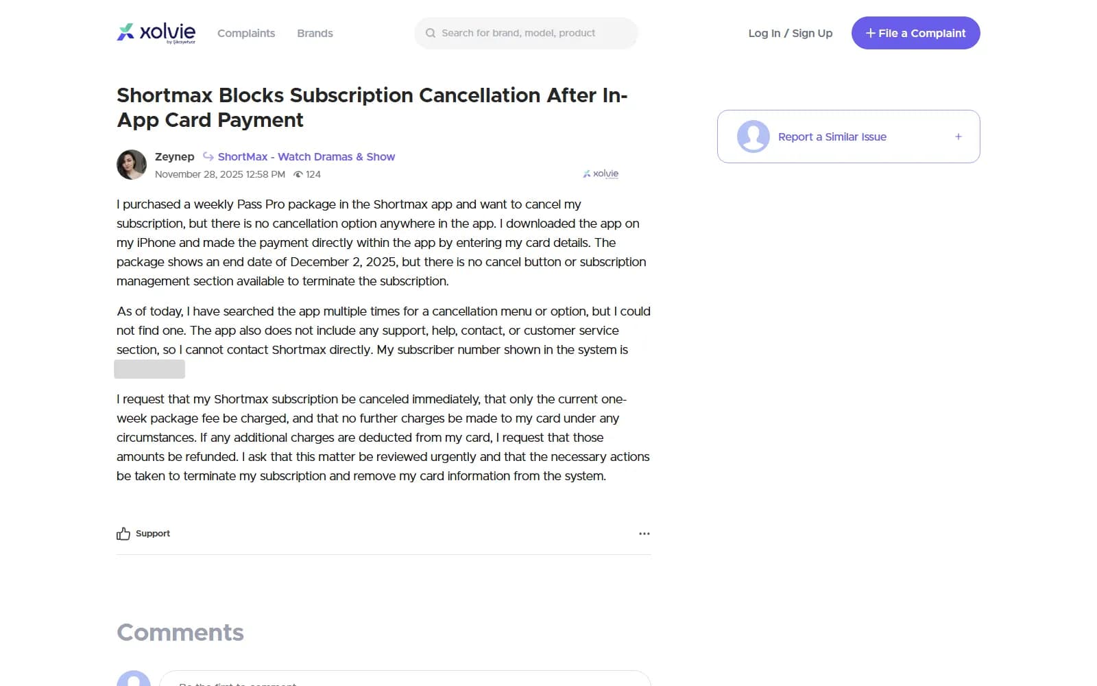 November 2025 complaint on Xolvie, Şikayetvar's English site: a weekly Pass Pro paid by card inside the ShortMax app, with no cancel option anywhere in the app; subscriber number covered by me (sikayetvar.com) — screenshot from October 2026