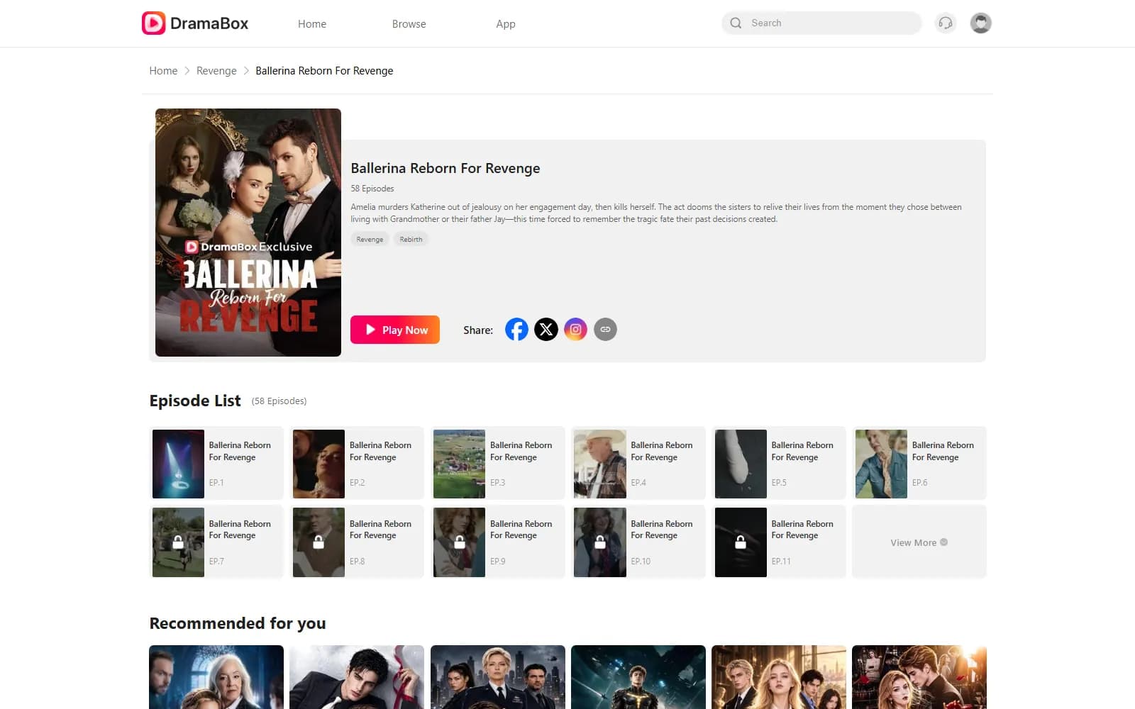 Ballerina Reborn For Revenge official page on DramaBox (dramabox.com) — screenshot from September 2026
