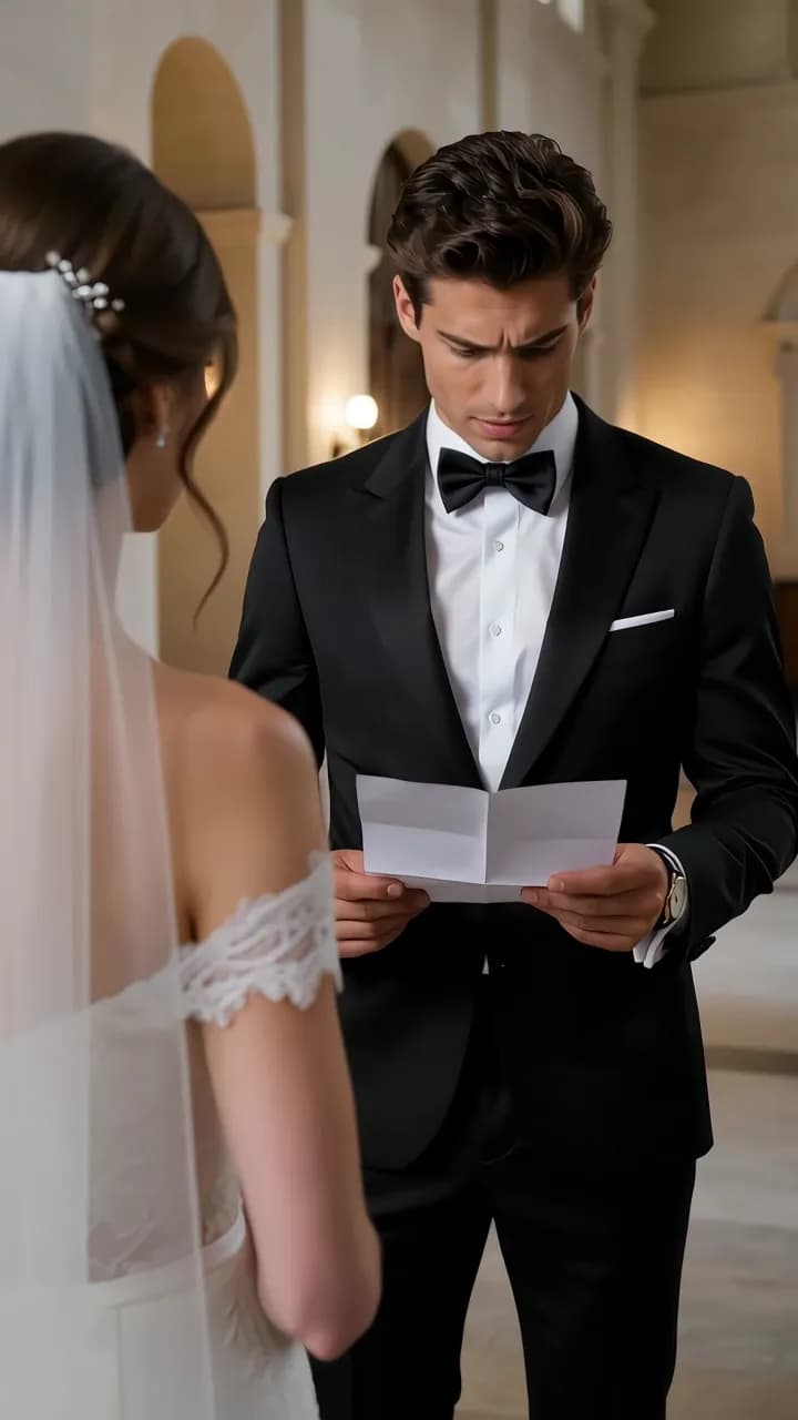 The groom frowning as he reads a folded letter, the bride’s veil and shoulder in the foreground