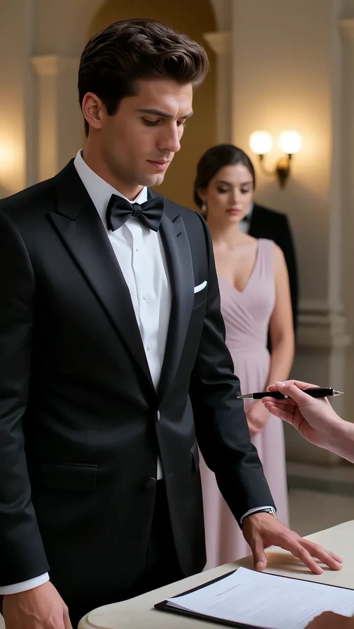 The groom at a marble table with a document folder while a bridesmaid in a blush-pink dress watches from behind him