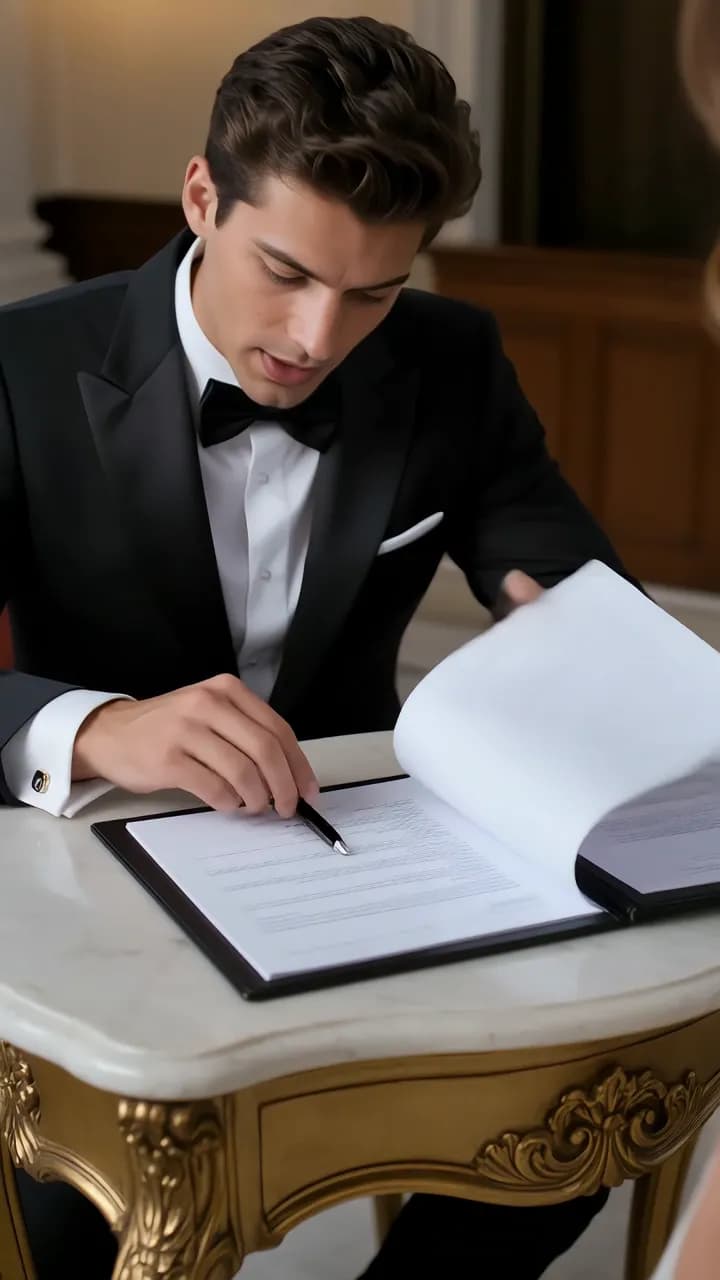 Close-up of the groom signing and turning the pages of a document
