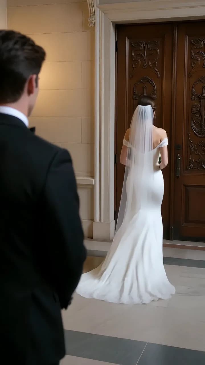 The groom seen from behind, watching the bride walk toward carved double doors